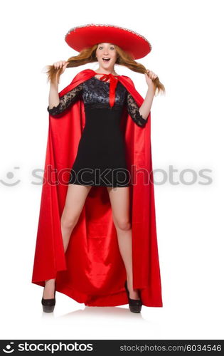 Mexican woman in red clothing on white