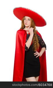 Mexican woman in red clothing on white