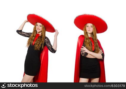 Mexican woman in red clothing on white