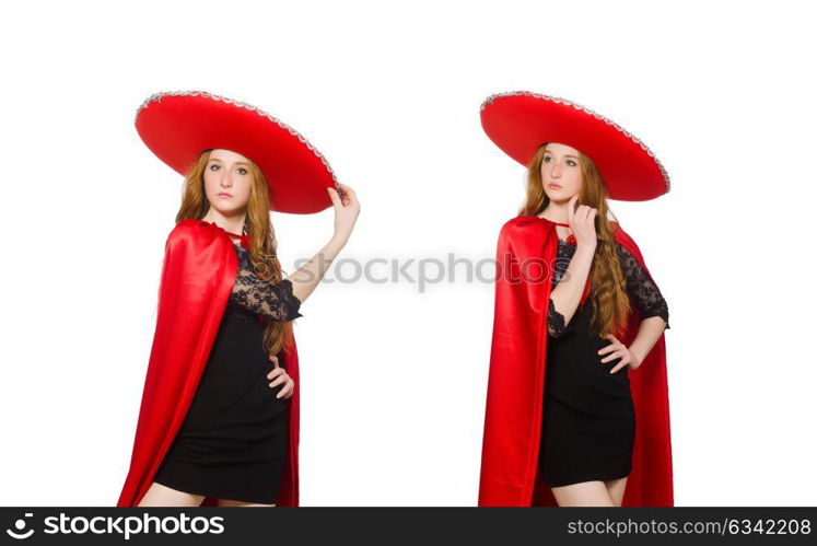 Mexican woman in red clothing on white