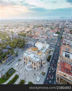 Mexico city aerial view from Torre Latinoamericana. Palacio de Bellas Artes, Alameda Central and downtown