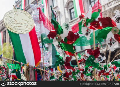 MEXICO CITY - SEP 07 2015: Mexican independence day merchandise in mexico city dowtown.