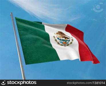 "Mexico flag on a pole waving. Mexico realistic flag waving against clean blue sky. Close up. "Illustration 3D""