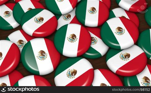 Mexico flag on badges background image for Mexican national day events, holiday, memorial and celebration 3D illustration.