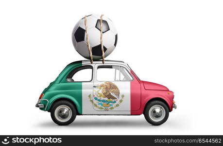 Mexico football car. Mexico flag on car delivering soccer or football ball isolated on white background
