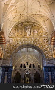 Mezquita Cathedral (Great Mosque) Moorish Arabic and Christian historic interior architecture in Cordoba, Spain, Andalusia region.