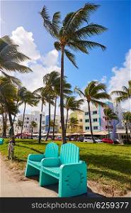 Miami Beach Ocean boulevard Art Deco district in florida USA park turquoise bench
