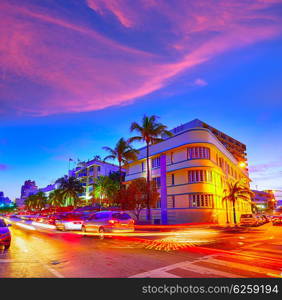 Miami Beach South Beach sunset in Ocean Drive Florida Art Deco and car lights