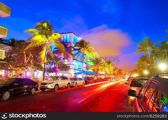 Miami Beach South Beach sunset in Ocean Drive Florida Art Deco and car lights