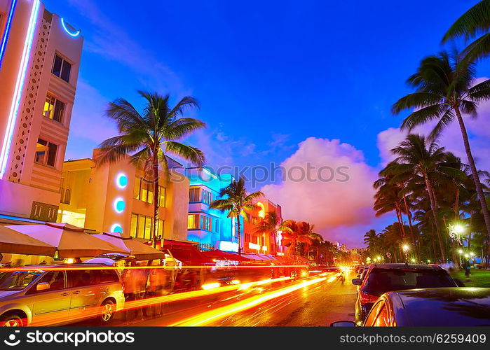 Miami Beach South Beach sunset in Ocean Drive Florida Art Deco and car lights