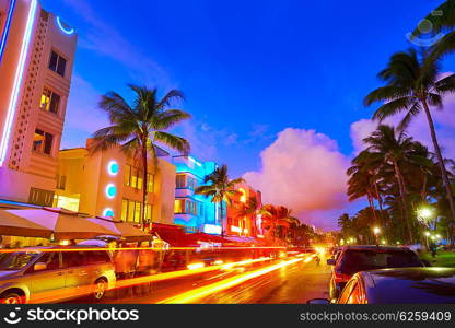 Miami Beach South Beach sunset in Ocean Drive Florida Art Deco and car lights