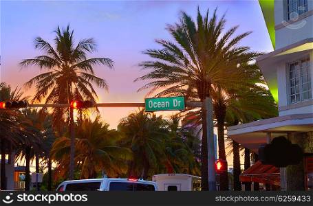 Miami Beach South Beach sunset in Ocean Drive sign Florida