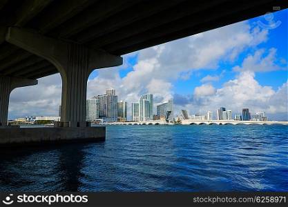 Miami downtown skyline from under bridge in Florida USA sunny day