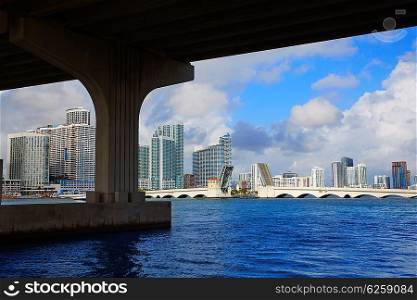 Miami downtown skyline from under bridge in Florida USA sunny day