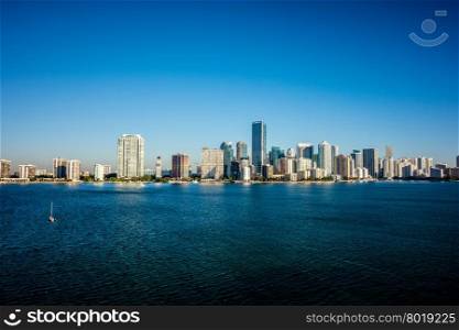 Miami Florida city skyline morning with blue sky
