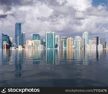 Miami Florida cityscape skyline with concept of sea level rise and major flooding from warming or hurricane damage. Miami skyline concept of sea level rise and flooding from global warming