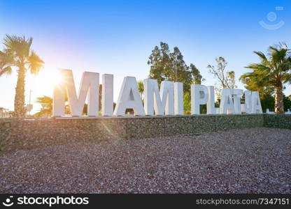 Miami Platja welcome road sign in Tarragona at Costa Daurada of Catalonia