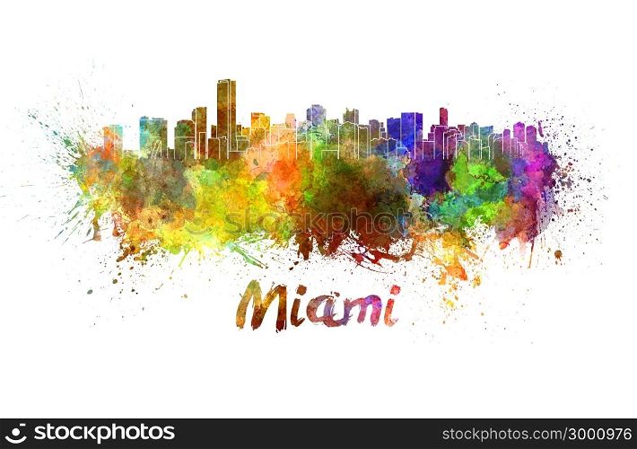 Miami skyline in watercolor splatters with clipping path. Miami skyline in watercolor