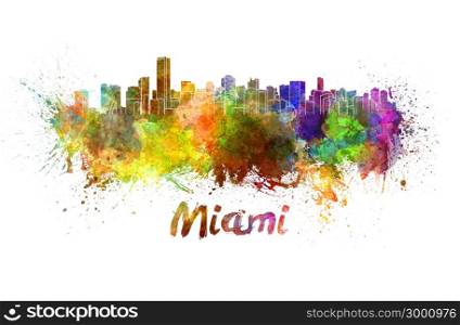 Miami skyline in watercolor splatters with clipping path. Miami skyline in watercolor