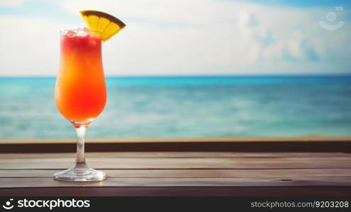 Miami Vice cocktail on background with blue sea and sky tropical background. Generative AI.. Miami Vice cocktail on background with blue sea and sky tropical background. Generative AI