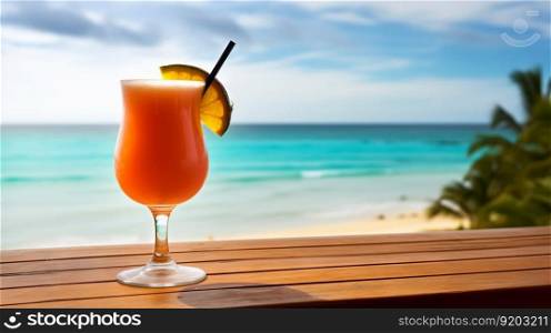 Miami Vice cocktail on background with blue sea and sky tropical background. Generative AI.. Miami Vice cocktail on background with blue sea and sky tropical background. Generative AI