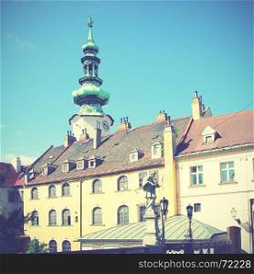 Michael's Tower (Michalska Brana) in Bratislava, Slovakia. Retro style filtred image
