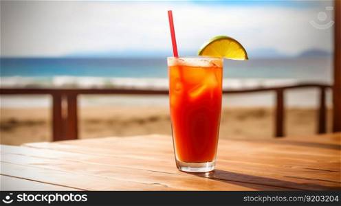 Michelada cocktail on background with blue sea and sky tropical background. Generative AI.. Michelada cocktail on background with blue sea and sky tropical background. Generative AI