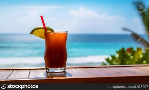 Michelada cocktail on background with blue sea and sky tropical background. Generative AI.. Michelada cocktail on background with blue sea and sky tropical background. Generative AI