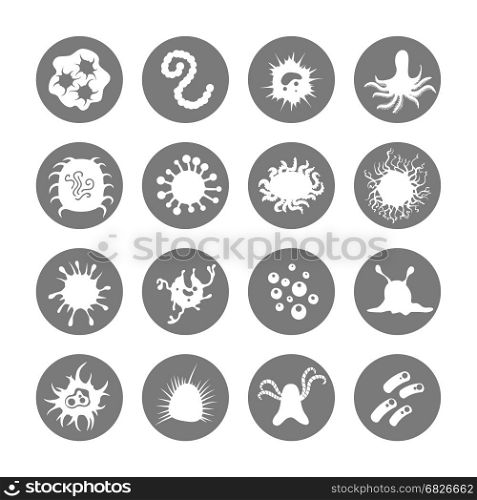 Microbes icons on grey rounds. Microbes and immune bacteries white icons on grey rounds. Vector illustration