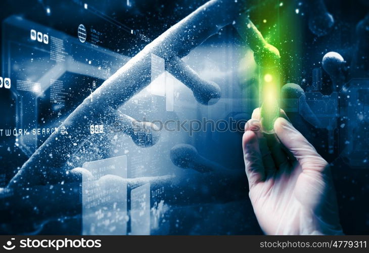 Microbiology concept. Close up of scientist hand holding tube with leaf