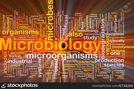 Microbology science background concept glowing. Background concept wordcloud illustration of microbiology science microorganisms glowing light