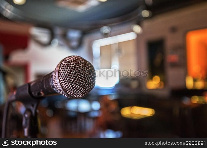 microphone. Closeup of audio microphone on stage background