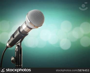 Microphone on the green abstract background. 3d