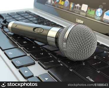 Microphone on the laptop keyboard. Digital audio music software or karaoke concept. 3d illustration
