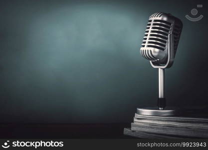 Microphone with magazine on wooden table vintage stlye