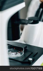 Microplastics Laboratory Research. Scientist using a microscope to analyze and quantify plastic particles in a water s&le . Microplastics, Laboratory Research