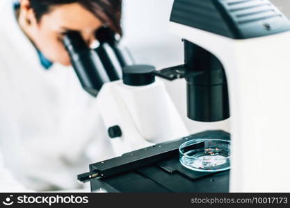 Microplastics Laboratory Research. Scientist using a microscope to analyze and quantify plastic particles in a water s&le . Microplastics, Laboratory Research