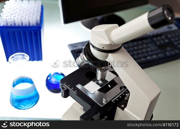 Microscope, Computer and Scientific Research Equipment In Laboratory