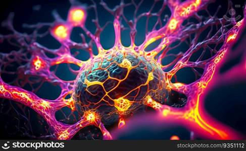 Microscopic of Neural network Brain cells. Human nervous system. Neuroscience, Neurology, Impulse, Brain activity, and Microbiology Concept. Generative Ai.