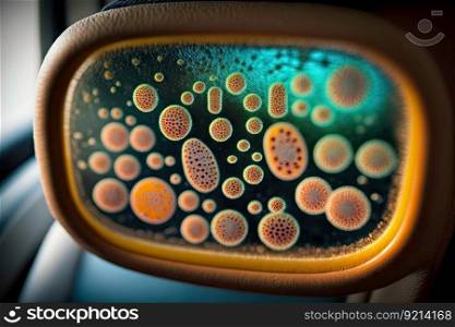 microscopic view of bacteria growing on bus seat, created with generative ai. microscopic view of bacteria growing on bus seat