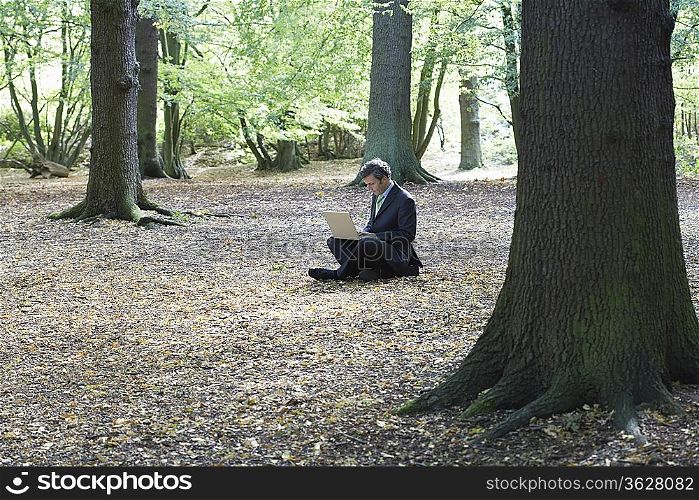 Mid adult business man sitting cross-legged in middle of forest, working on laptop