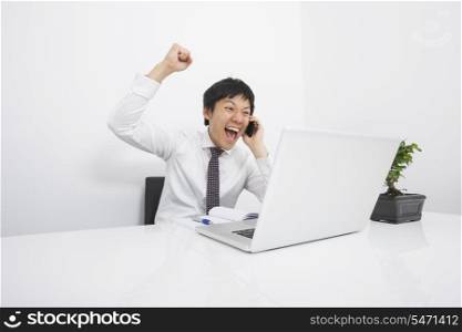 Mid adult businessman cheering on cell phone at desk in office