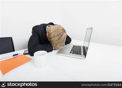 Mid adult businessman sleeping by laptop at desk in office