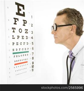 Mid-adult Caucasian male doctor wearing eyeglasses looking at an eye chart.