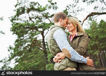 Mid adult couple hugging in forest