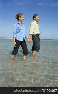 Mid adult couple wading on the beach with holding their hands