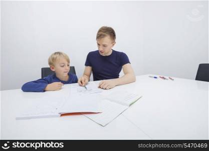 Mid adult father assisting boy in studies