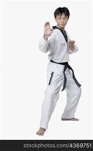 Mid adult man in fighting stance