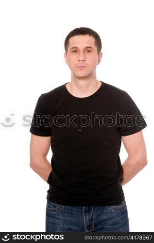 mid adult man in the black t-shirt isolated on white background