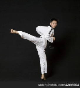 Mid adult man performing the side kick